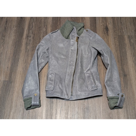 DOMA LEATHER Jackets & Blazers - Elegant Gray Leather Jacket with Green Accents